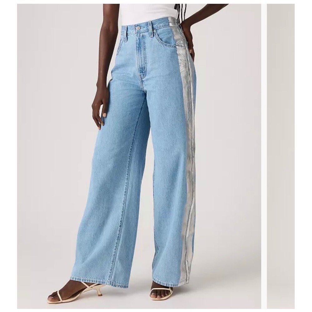 Levi's Cinch Baggy Jeans Women 29 Light Blue Silver Metallic Stripe High Rise